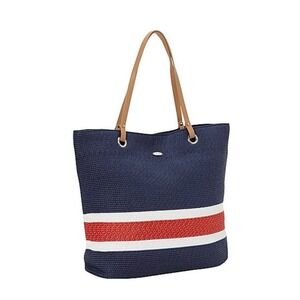 Cappelli Straworld Nautical Striped Woven Straw Tote Bag Navy Blue Red White NEW